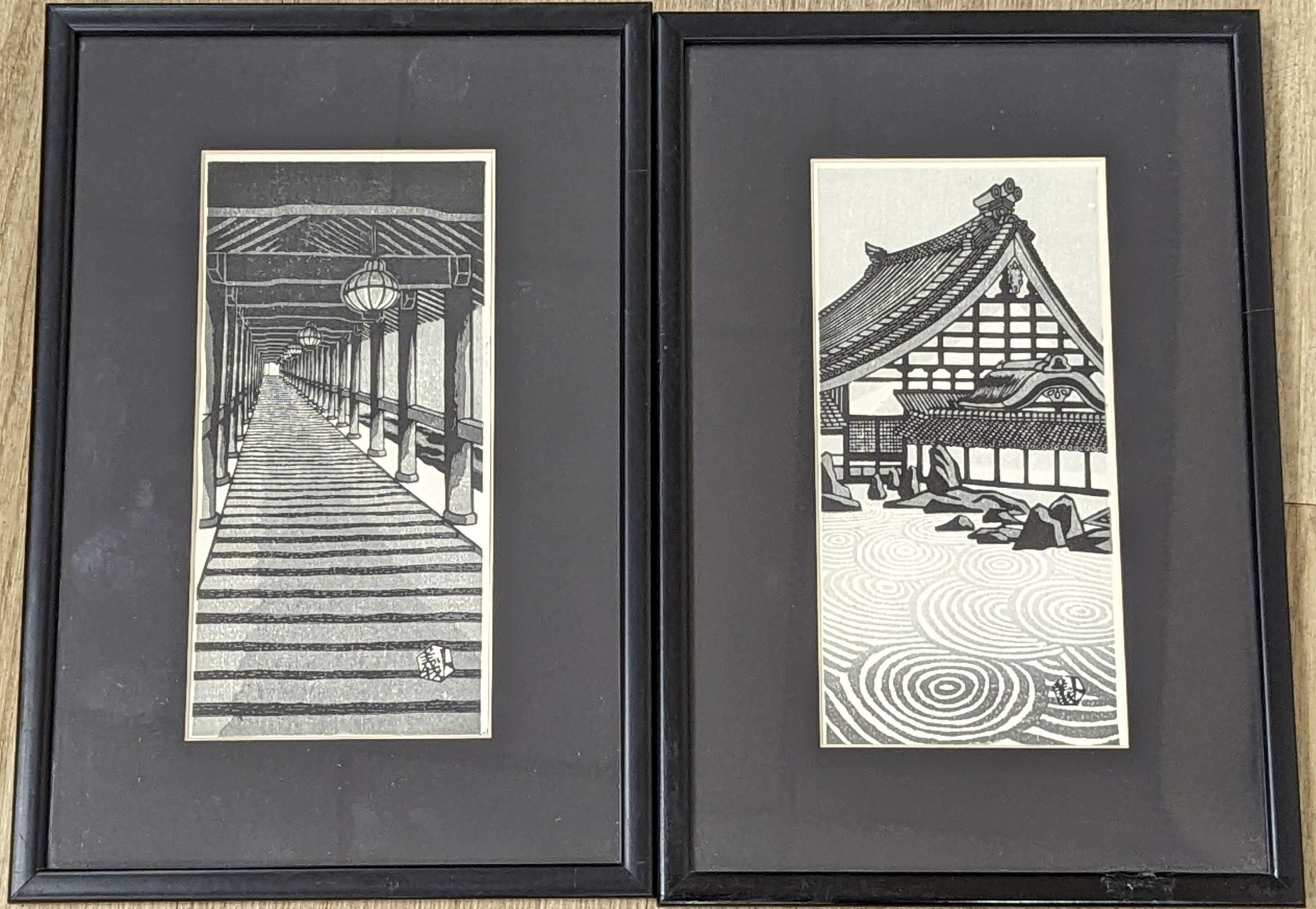 Gijin Okuyama (1934-), two woodblock prints, 23.5 x 11.5cm.